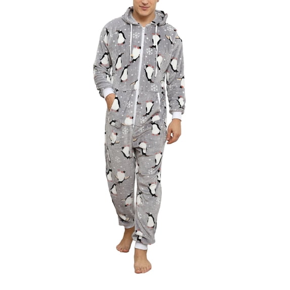 SWSMCLT Men's Plush Hooded Zip Up Onesie Pajamas Grey Large