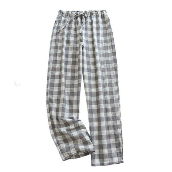 SWSMCLT Men's Printed Stretch Straight Leg Casual Cotton Pajama Pants Soft Pj Plaid Ankle Long Pleated Trousers Grey White Large