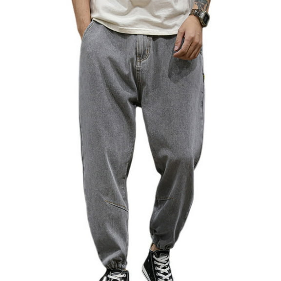 SWSMCLT Men's Regular Fit Jeans Casual Harem Baggy Fashion Chic Solid Cotton Tapered Leg Loose Closed Cinch Bottom Denim Pants Elastic Waist Mid Rise 902 Grey 40