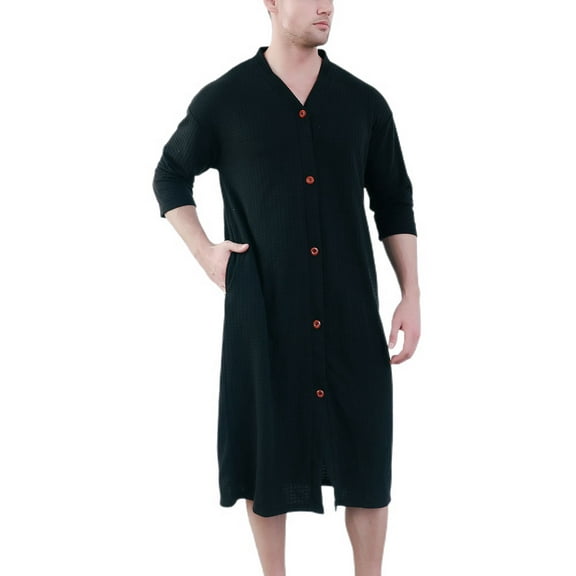 SWSMCLT Men's Robe Button Down House Coat Soft V Neck Comfy 3/4 Sleeve Housecoat Nightgown Summer Sleep Shirt Black Medium-Large