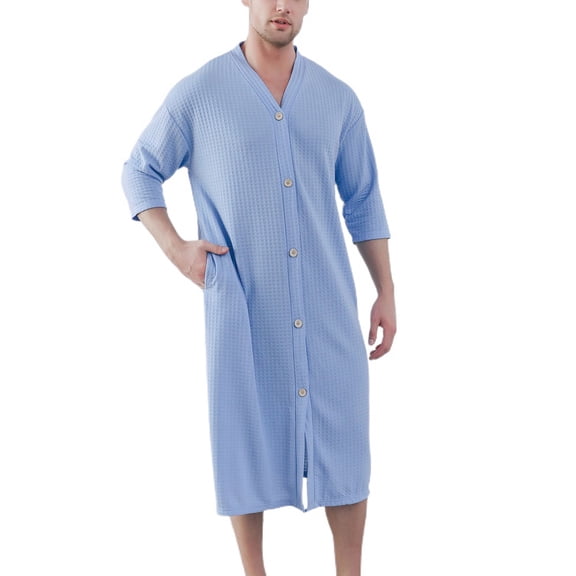 SWSMCLT Men's Robe Button Down House Coat Soft V Neck Comfy 3/4 Sleeve Housecoat Nightgown Summer Sleep Shirt Blue X-Small-Small