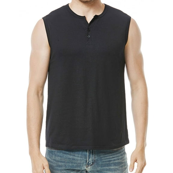 SWSMCLT Men's Running Tank Top WorkoutCrew Neck Spring Slimming Vest Sleeveless Basic Henley Shirt Soft Button Black XX-Large