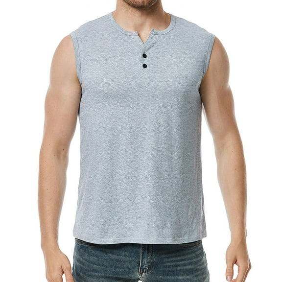 SWSMCLT Men's Running Tank Top WorkoutCrew Neck Spring Slimming Vest Sleeveless Basic Henley Shirt Soft Button Light Grey XX-Large