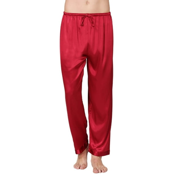 SWSMCLT Men's Satin Pajama Pants Lightweight Straight Leg Lounge Loose Summer Elastic Waist Sleepwear Long Pj Trousers Red Small