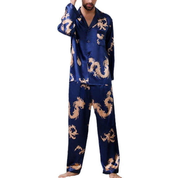 SWSMCLT Men's Satin Pajama Set 2 Piece Luxury Long Sleeve China Dragon Printed Pjs Soft Button Down Shirt Pants Sleepwear Casual Lounge Set Blue Large