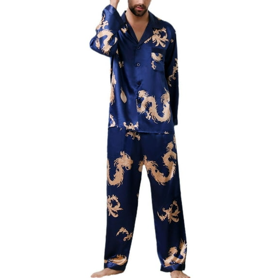 SWSMCLT Men's Satin Pajama Set 2 Piece Luxury Long Sleeve China Dragon Printed Pjs Soft Button Down Shirt Pants Sleepwear Casual Lounge Set Blue X-Small