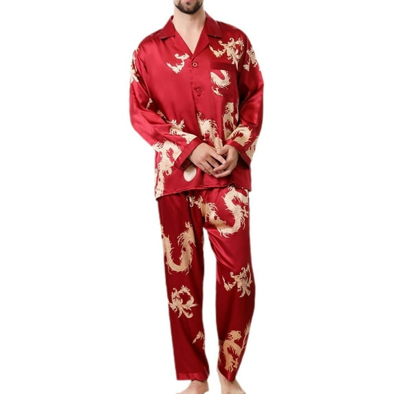 SWSMCLT Men's Satin Pajama Set 2 Piece Luxury Long Sleeve China Dragon Printed Pjs Soft Button Down Shirt Pants Sleepwear Casual Lounge Set Red Medium