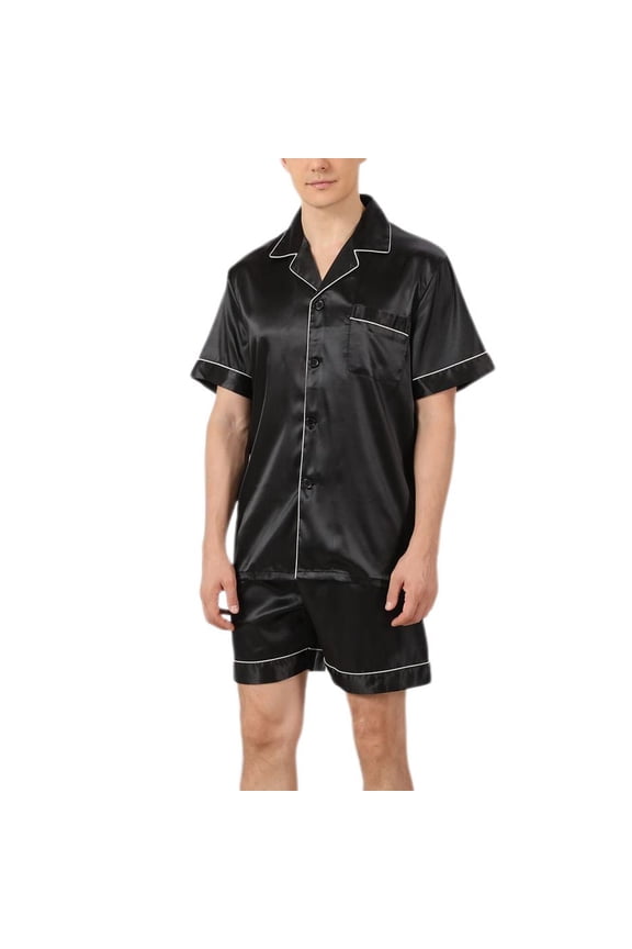 Men's Satin Pajama Set Summer Silk Spring Short Soft Spandex Pjs Pajamas Short Sleeve Shorts Set Thin Lightweight Silky Button Down Sleepwear Comfy Black White X-Large