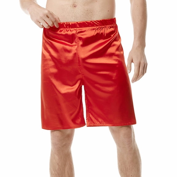 SWSMCLT Men's Satin Pajama Shorts Sleepwear Knee Length Silk Sleeping Shorts Soft Summer Lightweight Elastic Waist Cool Red 40