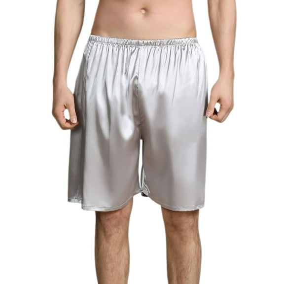 SWSMCLT Men's Satin Pajama Shorts Soft Sleep Pj Comfy Cool Elastic Pajama Shorts Summer Fall Knee Length Elastic Waist Silver X-Small