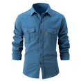 thumbnail image 1 of SWSMCLT Men's Shirt Jacket Cotton Casual Western Dinner Top Shirts Shacket Soft Button Down Trucker Shirt Fall Long Sleeve Classic Blue XX-Large, 1 of 1