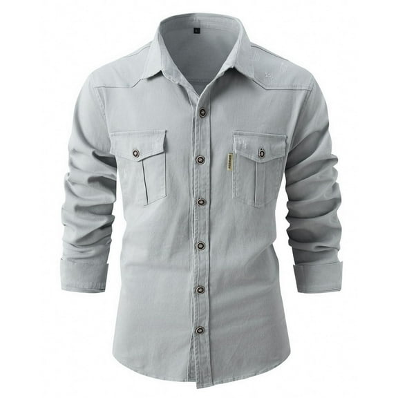SWSMCLT Men's Shirt Jacket Cotton Casual Western Dinner Top Shirts Shacket Soft Button Down Trucker Shirt Fall Long Sleeve Classic Light Grey Medium