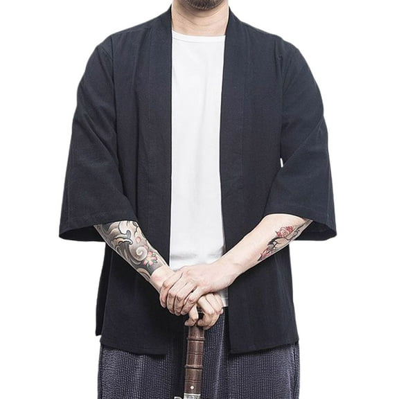 SWSMCLT Men's Short Kimono Cardigan Fashion Shirt Loose Fit Fall Spring Shirt Jacket Soft Cotton Summer Top Solid Open Front 5 Black Medium