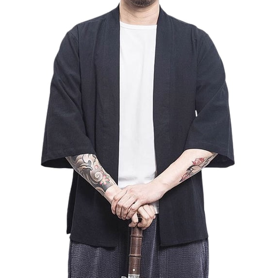 SWSMCLT Men's Short Kimono Cardigan Fashion Shirt Loose Fit Fall Spring Shirt Jacket Soft Cotton Summer Top Solid Open Front 5 Black X-Large