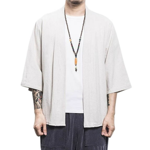 SWSMCLT Men's Short Kimono Cardigan Fashion Shirt Loose Fit Fall Spring Shirt Jacket Soft Cotton Summer Top Solid Open Front 5 Cream Small