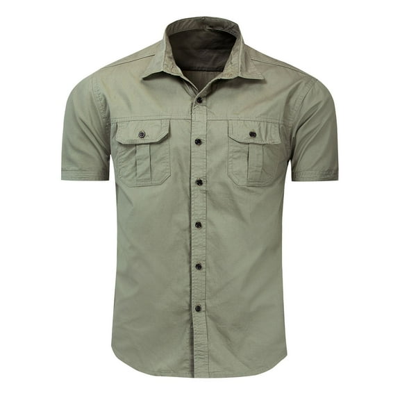 SWSMCLT Men's Short Sleeve Button Down Mandarin Collar Shirts Shirt Fishing Top Soft Camp Lightweight Button Army Green Medium