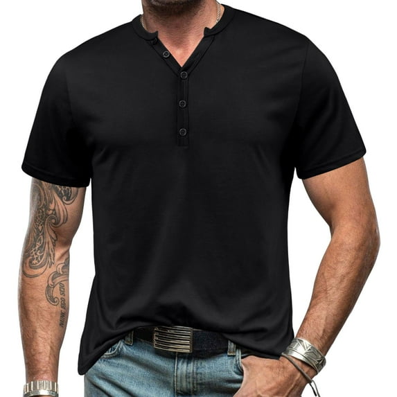 SWSMCLT Men's Short Sleeve Henley Shirt Summer Solid Tee Cotton T Shirt Slim Fit Soft Fashion Button Lightweight Casual Comfy Black Large