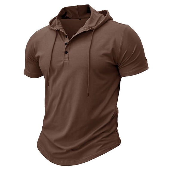 SWSMCLT Men's Short Sleeve Hoodie Hooded Regular Fit Cotton Tee T Shirt Soft Top Plus Size Summer Lightweight Button Cool Casual Brown X-Large