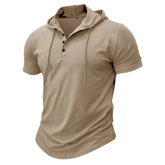 SWSMCLT Men's Short Sleeve Hoodie Hooded Regular Fit Cotton Tee T Shirt Soft Top Plus Size Summer Lightweight Button Cool Casual Khaki Medium