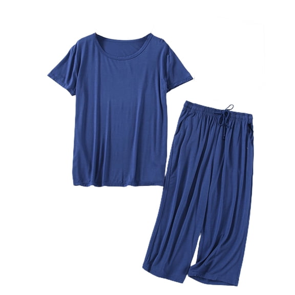 SWSMCLT Men's Short Sleeve Pajama Set Lounge Sleeping Pj Set Soft Capri Pajamas Short Casual Capri Loose Cool Dark Blue Medium