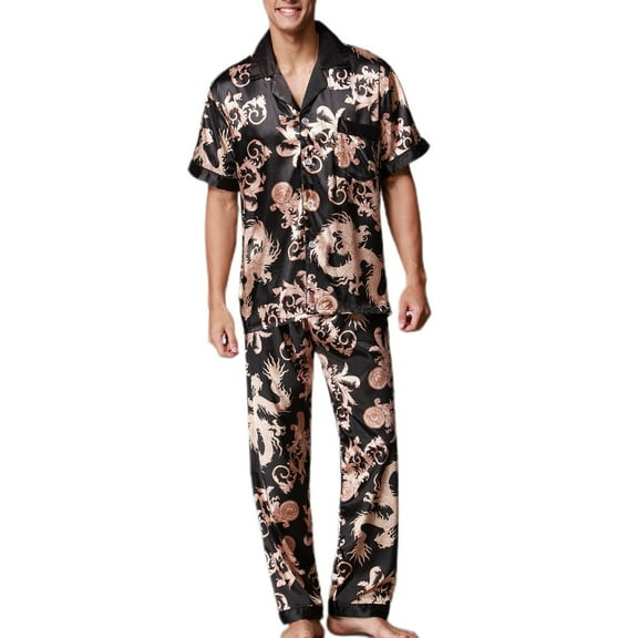 SWSMCLT Men's Short Sleeve Pajama Set Satin Pajamas Dragon 2 Piece Fall Lounge Silky Thin Valentines Day Pjs Black Large
