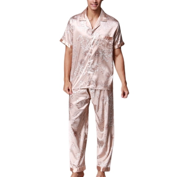 SWSMCLT Men's Short Sleeve Pajama Set Satin Pajamas Dragon 2 Piece Fall Lounge Silky Thin Valentines Day Pjs Umber X-Small