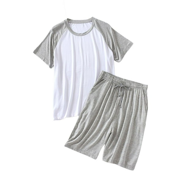 SWSMCLT Men's Short Sleeve Pajamas Summer 2 Piece Modal Thin Pajama Set Comfy Spring Spandex Fall Drawstring Light Grey Medium