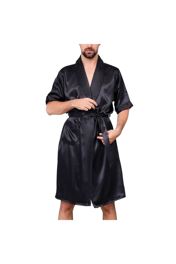 Men's Short Sleeve Robe Summer Knee Length House Bathrobe Pjs Satin Soft Silky Comfy Fall Spring Thin Black X-Small