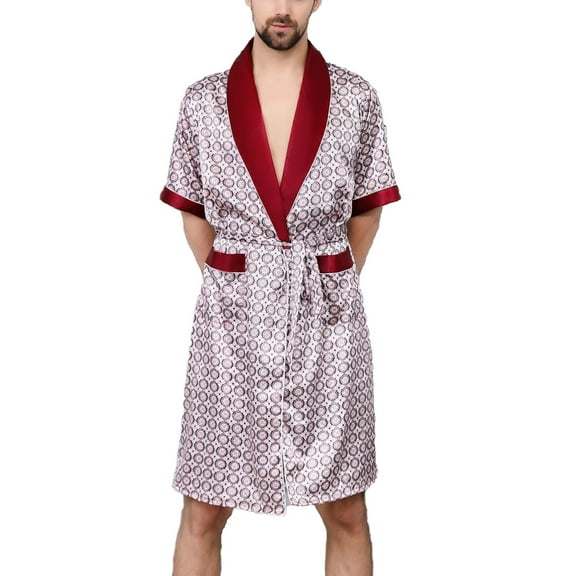 SWSMCLT Men's Short Sleeve Robe Summer Knee Length House Bathrobe Pjs Satin Soft Silky Comfy Fall Spring Thin Burgundy Medium