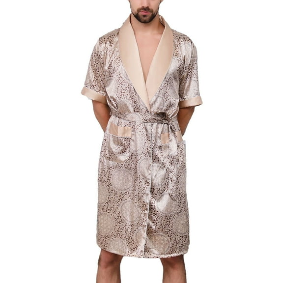 SWSMCLT Men's Short Sleeve Robe Summer Knee Length House Bathrobe Pjs Satin Soft Silky Comfy Fall Spring Thin Golden XX-Large
