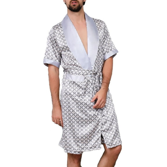 SWSMCLT Men's Short Sleeve Robe Summer Knee Length House Bathrobe Pjs Satin Soft Silky Comfy Fall Spring Thin Silver Grey X-Large