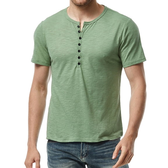 SWSMCLT Men's Short Sleeve Shirt Cotton Top Stretch Pull On Thin Cool Tee Soft Fitted Basic Button Crew Neck Army Green Large