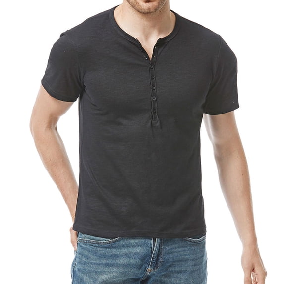 SWSMCLT Men's Short Sleeve Shirt Cotton Top Stretch Pull On Thin Cool Tee Soft Fitted Basic Button Crew Neck Black Large