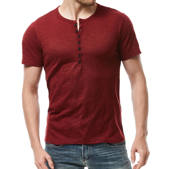SWSMCLT Men's Short Sleeve Shirt Cotton Top Stretch Pull On Thin Cool Tee Soft Fitted Basic Button Crew Neck Burgundy Large