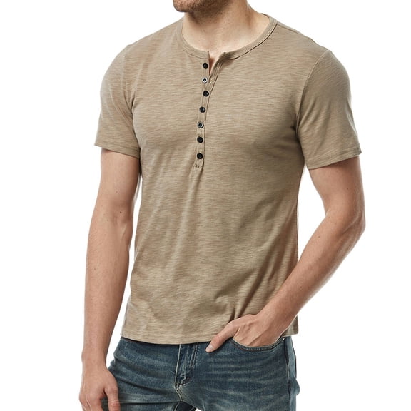 SWSMCLT Men's Short Sleeve Shirt Cotton Top Stretch Pull On Thin Cool Tee Soft Fitted Basic Button Crew Neck Khaki Small