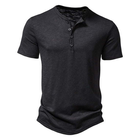 SWSMCLT Men's Short Sleeve Shirt Henley Summer Top Solid Cotton Slim Fit T Shirt Basic 4 Button Lightweight Comfy Black Medium