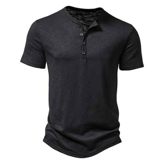 SWSMCLT Men's Short Sleeve Shirt Henley Summer Top Solid Cotton Slim Fit T Shirt Basic 4 Button Lightweight Comfy Black Medium