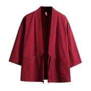 SWSMCLT Mens Short Sleeve Solid Linen Cotton Top Summer Tie Strap Soft Spring Shirt Jacket Pocket Kimono Cardigan Burgundy Large