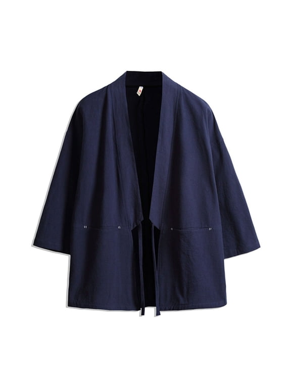 Men's Short Sleeve Solid Linen Cotton Top Summer Tie Strap Soft Spring Shirt Jacket Pocket Kimono Cardigan Navy Large