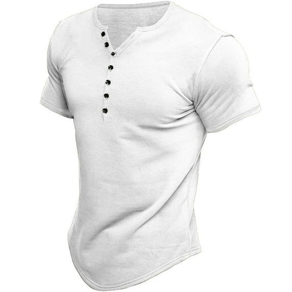 SWSMCLT Men's Short Sleeve T Shirt Cotton Henley Basic Crew Neck Tee T Shirt Fitted V Neck Summer Fashion Spandex White Medium