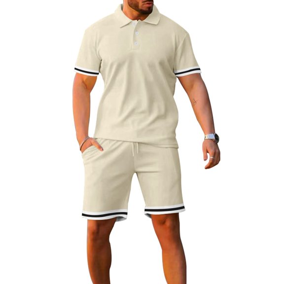 SWSMCLT Men's Short Tracksuit Summer Short Sleeve Drawstring 2 Piece Outfit Active Sweatsuit Shorts Set Cotton Khaki Medium
