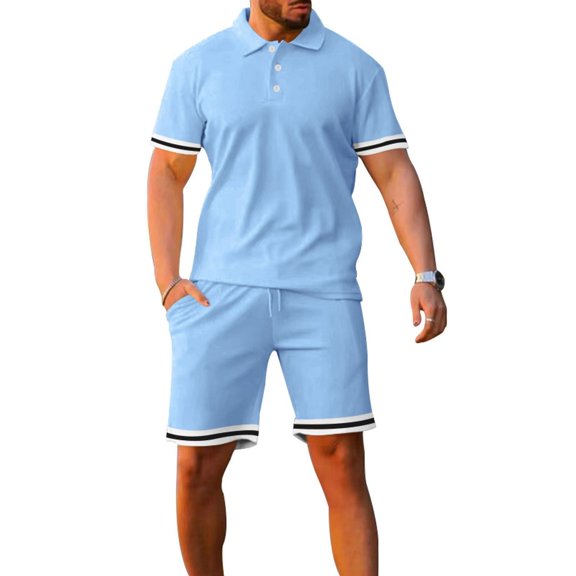 SWSMCLT Men's Short Tracksuit Summer Short Sleeve Drawstring 2 Piece Outfit Active Sweatsuit Shorts Set Cotton Light Blue Large