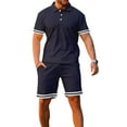 thumbnail image 1 of SWSMCLT Men's Short Tracksuit Summer Short Sleeve Drawstring 2 Piece Outfit Active Sweatsuit Shorts Set Cotton Navy Large, 1 of 4