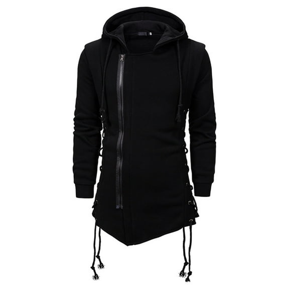 SWSMCLT Men's Side Zipper Hoodie Cotton Designer Fashion Steampunk Lace Up Strappy Hooded Sweatshirt Asymmetric Thermal Black Medium