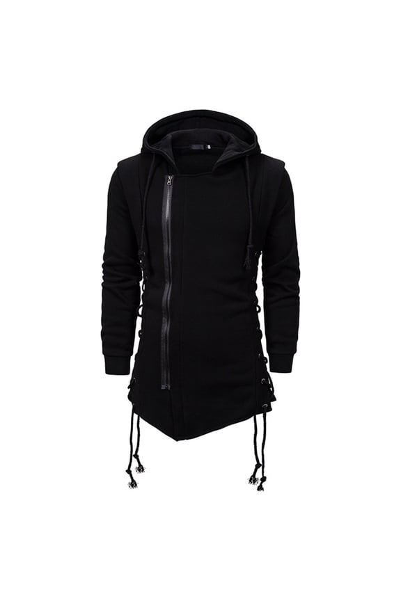 Men's Side Zipper Hoodie Cotton Designer Fashion Steampunk Lace Up Strappy Hooded Sweatshirt Asymmetric Thermal Black Medium