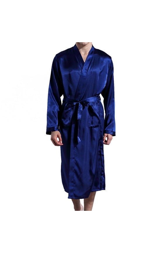 Men's Silk Robe Lightweight Satin Kimono Bathrobe Summer SPA Lounge Soft Knee Length Bath Robe Long Sleeve Silky Bathrobe Loungewear with Pocket Blue XX-Large