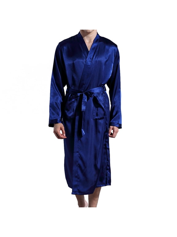 Men's Silk Robe Lightweight Satin Kimono Summer SPA Lounge Soft Knee Length Bath Robe Long Sleeve Silky Bathrobe with Pocket Blue Large