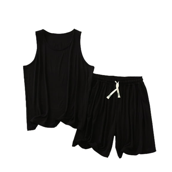 SWSMCLT Men's Sleeveless Pajama Set Soft Sleeping Tank Shorts Lounge Set Modal Sleepwear Summer Pajamas Comfy Pjs Black Large-X-Large