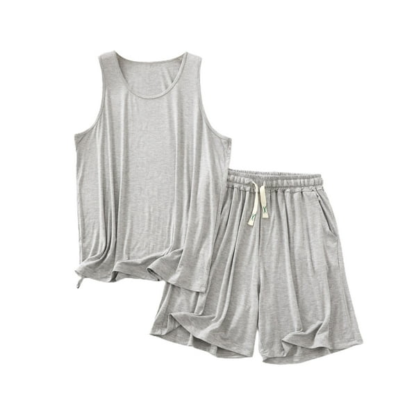 SWSMCLT Men's Sleeveless Pajama Set Soft Sleeping Tank Shorts Lounge Set Modal Sleepwear Summer Pajamas Comfy Pjs Light Grey Small-Medium
