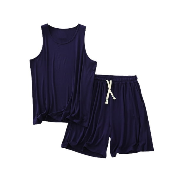 SWSMCLT Men's Sleeveless Pajama Set Soft Sleeping Tank Shorts Lounge Set Modal Sleepwear Summer Pajamas Comfy Pjs Navy Small-Medium